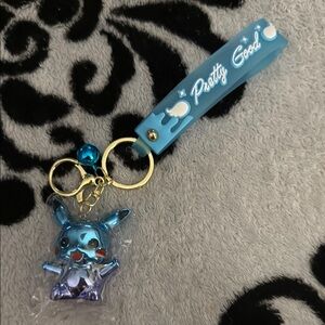 Blue Pikachu Keychain with Wrist Strap! Clip is easy to open for adding keys New